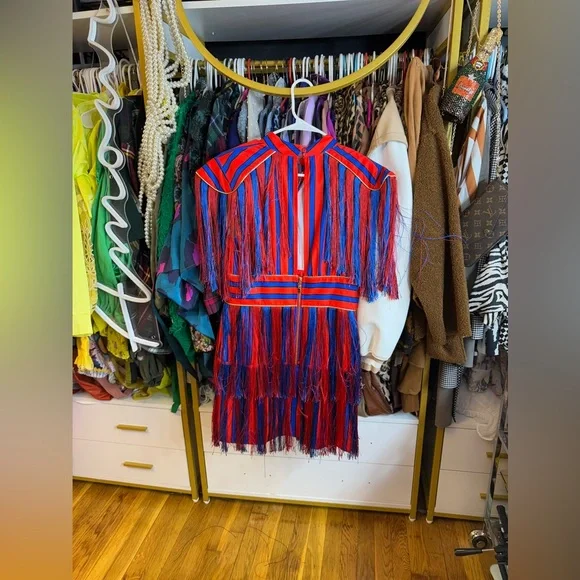 ZCrave GRAND Mini Dress | Red & Blue Fringe Statement Dress | Size Large FUN - Picture 6 of 9